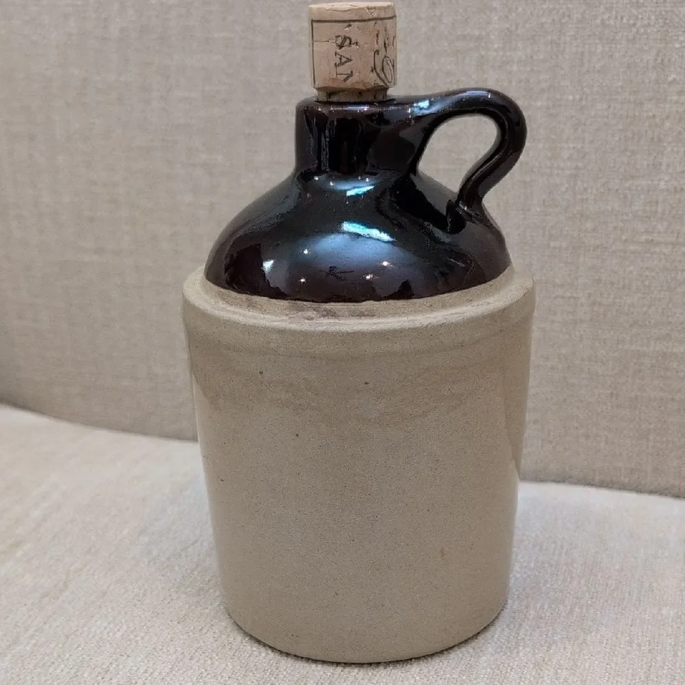 Vintage Pottery Whiskey Crock Stoneware Jug with Handle and Cork Made In USA